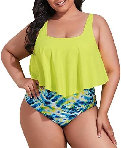 Mooncore Womens Plus Size Swimsuit High Waisted Tankini Bathing Suits Two Piece Flounce Bikini Swimsuit, Size XL