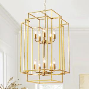 10-Light Lantern Tiered Pendant Light FixturesGold Farmhouse Chandelier High CeilingLarge Pendant Light for Foyer Entry Staircase Kitchen Island Dining Room