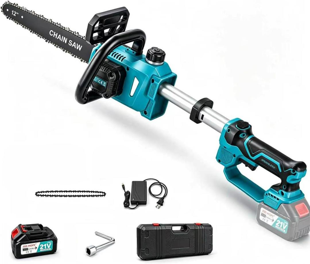 12” Cordless Brushless Chainsaw, 2-in-1 Telescoping Pole Saw with Battery