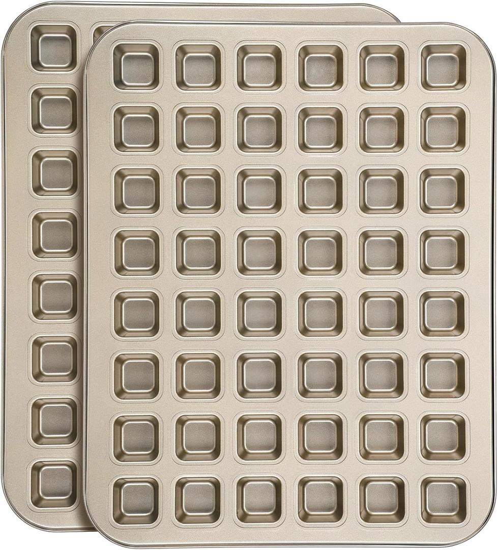 Beasea Square Mini Brownie Bite Pan, 2 Pack 48 Mini Small Tiny Cup All Edges Non Stick Square Cupcake Baking Sheet Tin Tray Carbon Steel Bakeware Individual Muffin Baking Pan - Gold