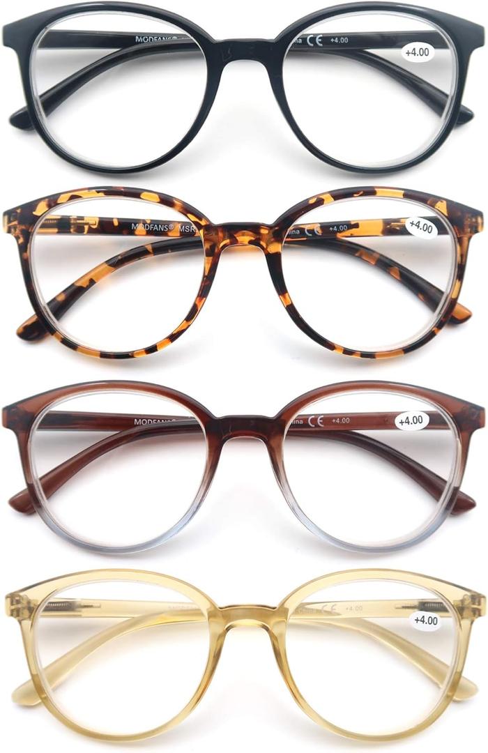 MODFANS Women Reading Glasses 4Pack Large Round Frame Readers Spring Hinges with 4 Pouch, 1.25