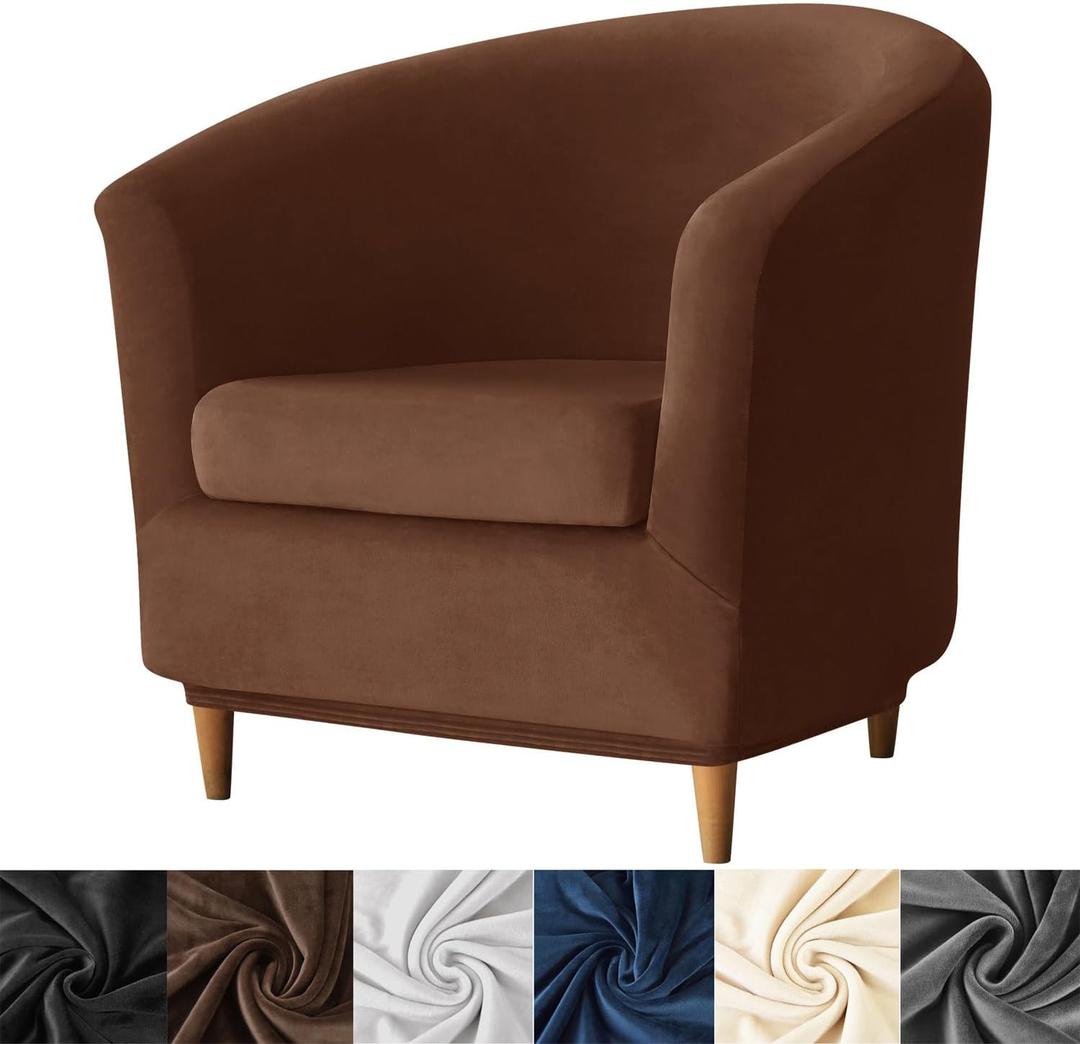 HFCNMY 2 Piece Club Chair Slipcover,Stretch Velvet Barrel Chair Covers Soft Tub Chair Slipcover Washable Armchair Cover with Elastic Bottom Coffee
