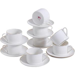 Classic White Porcelain 6.6oz Tea Cup and Saucer Set - 8 pieces cups and Saucers Set with gold trim, Elegant and Versatile for Daily Use, Gift