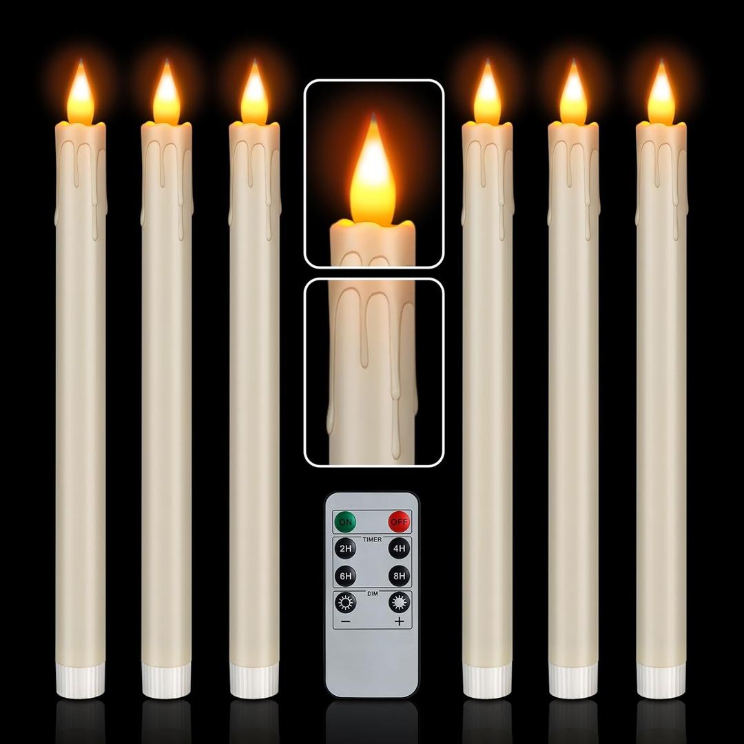 Flameless Taper Candles Realistic Flickering Flame, Battery Operated, Remote Control with Timer, Safe for Kids & Pets, Ivory, 10-Inch, Pack of 6 Ideal for Home, Weddings & Parties