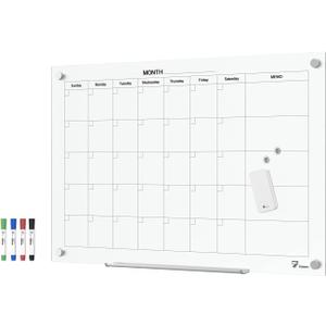 TOWON 36 x 24 Inches Tempered Glass Calendar Dry Erase Board for Wall, 3' x 2' Magnetic Whiteboard Calendar Planner for Office, Home, School Supplies, White