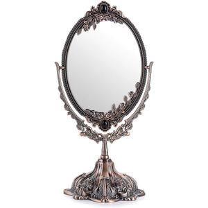 JUXYES Metal Tabletop Antique Decorative Makeup Mirror with Stand, Vintage Swivel Double Sided Cosmetic Mirror with Frame, Retro Desktop Oval Dressing Mirror for Bathroom Bedroom (Red Bronze)