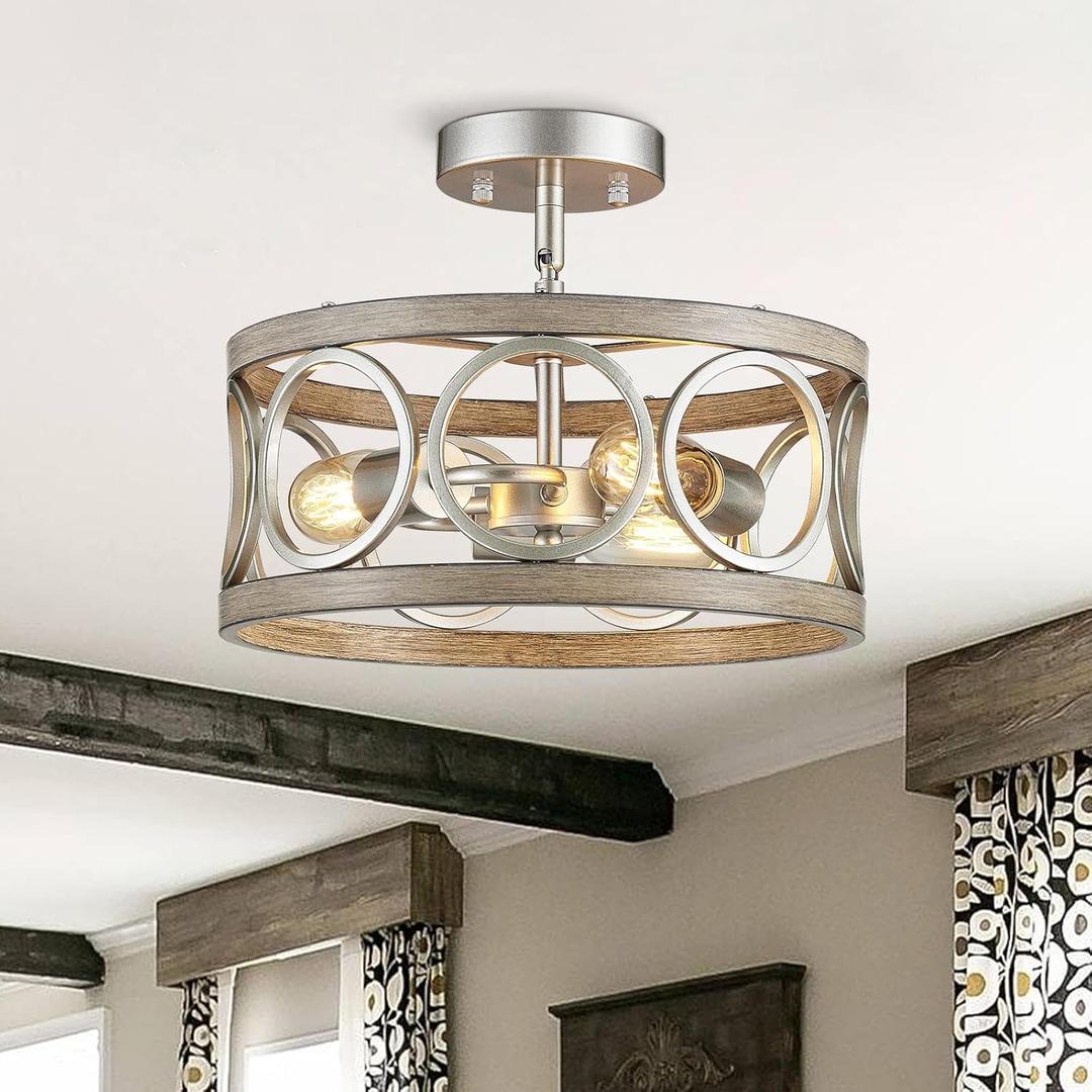 Farmhouse Ceiling Light Fixture, Drum Round Modern Semi Flush Mount Ceiling Light for Kitchen Bedroom Dining Living Room, 13" Metal Nickel and Wood Grain Chandeliers