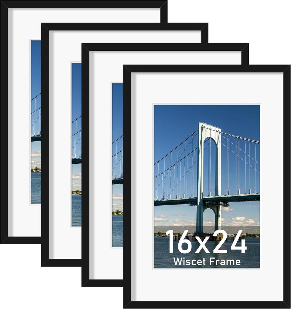 Wiscet 16x24 Picture Frame Set of 4, Display Picture 12x18 with Mat or 16x24 Poster Frame without Mat, Horizontal or Vertical Wall Mounting, Black