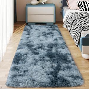 Soft Runner Rugs for Bedroom Hallways, 2x6 Tie-Dyed Blue Grey Fluffy Shag Throw Area Rug Non Slip for Bedside Dorm, Long Shaggy Furry Carpet for Nursery Living Room