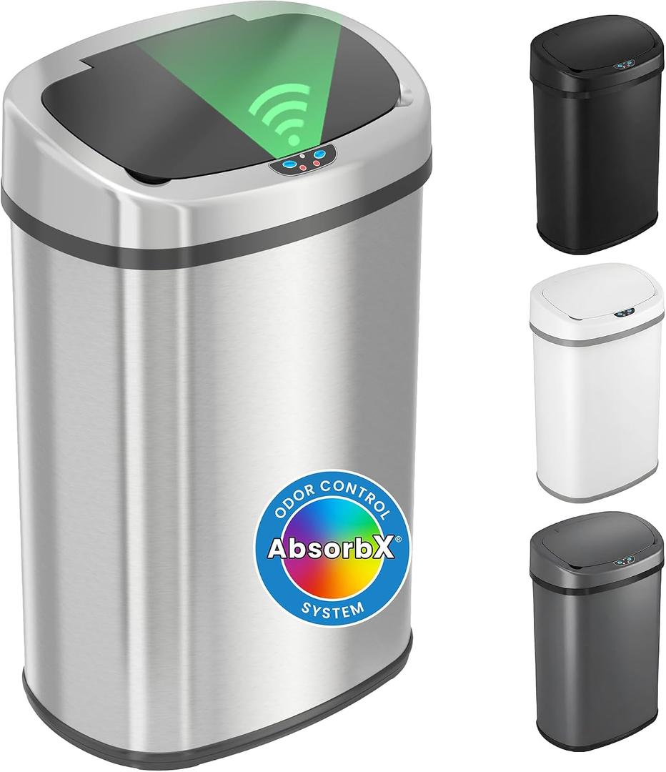 iTouchless 13 Gallon Oval Touchless Sensor Trash Can with Odor Filter, Fingerprint-Proof Stainless Steel, 50L Automatic Kitchen Garbage Bin, Smart Hands-Free Motion Lid, Quiet Soft-Close