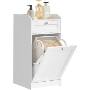 VASAGLE Bathroom Laundry Cabinet with Basket, with 1 Drawer and 1 Hidden Laundry Hamper, Freestanding, Tilt-Out Laundry Basket with Handles, 15.8 x 15.8 x 31.5 Inches, Cloud White UBBC741W01