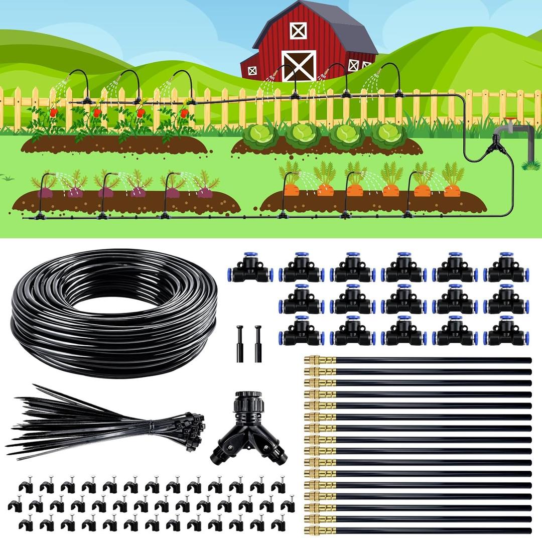 Drip Irrigation System,100 Ft Quick-Connect Garden Sprinkler Kit with 16pcs 360 Adjustable Nozzles for Garden, Lawn, Greenhouse, Raised Beds & Outdoor Plants