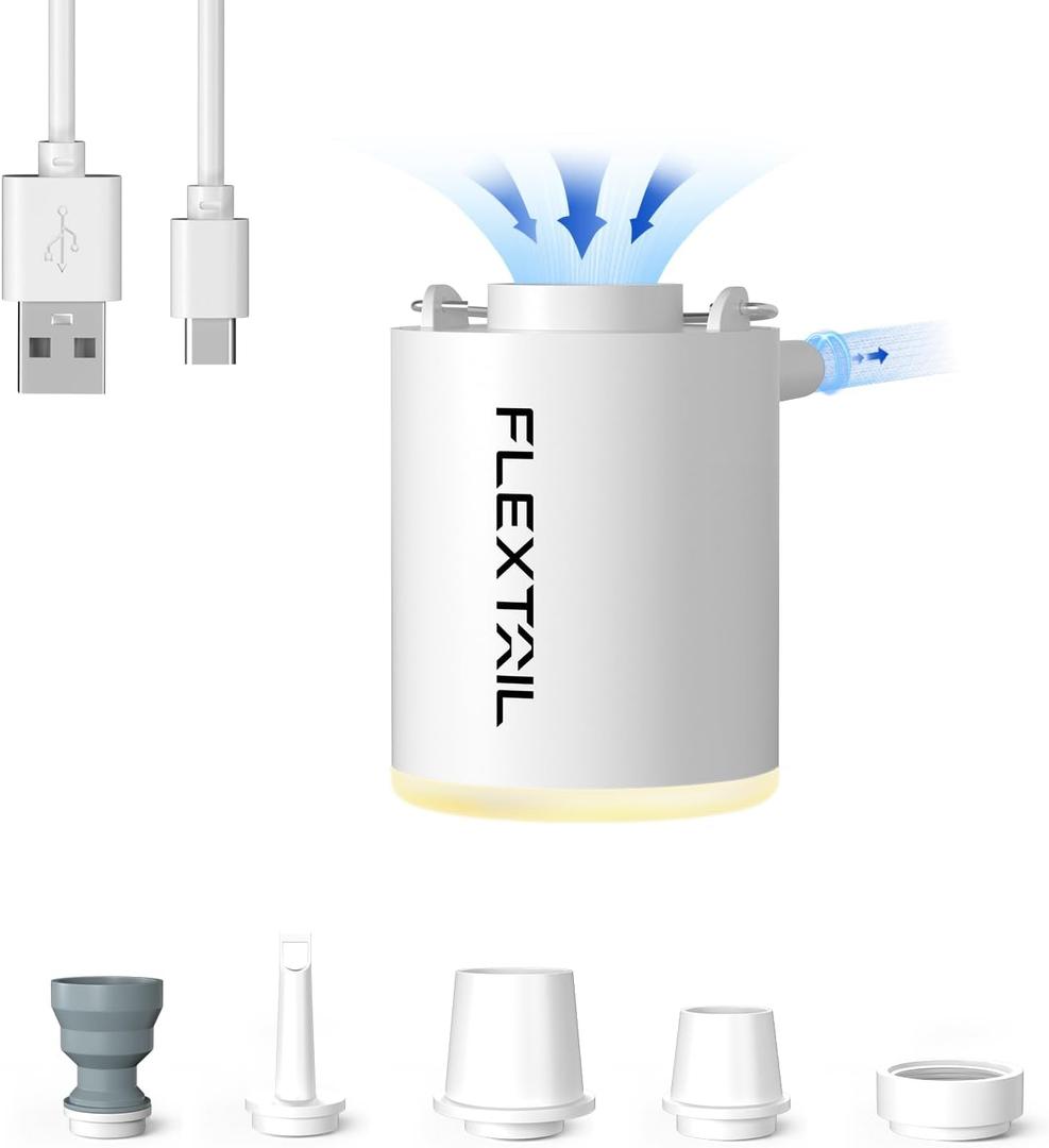 FLEXTAILGEAR Camping Air Pump with Camping Light, Air Pump for Inflatables, Portable Air Mattress Pump with 180 L/min Airflow for Pool Float,Sleeping Pad,Swimming Ring, Vacuum Storage Bag