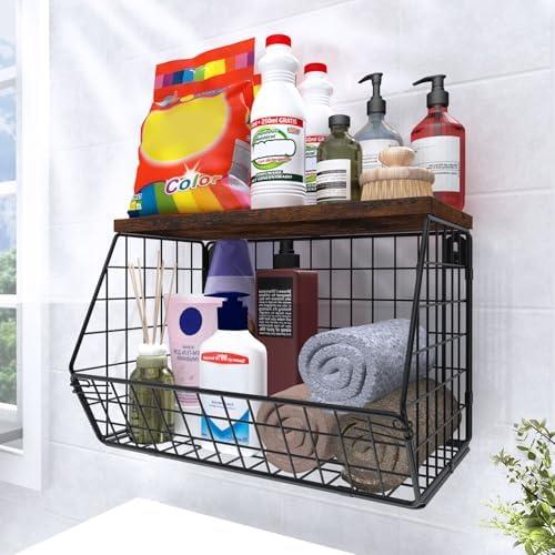 MSJGA Laundry Room Shelves Wall Mounted with Storage Basket - Stackable Wire Wall Shelves Organizer for Towels, Detergent, Tissues | Space-Saving Over Washer & Dryer, Small Spaces(11.8"Wx7.9"Dx8.5"H)