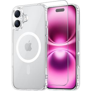 Temdan for iPhone 16 Plus Case Clear with Screen Protector, Compatible with Magsafe, Anti-Yellowing, Military-Grade Protection, Shockproof Slim Magnetic Phone Case Cover, Transparent