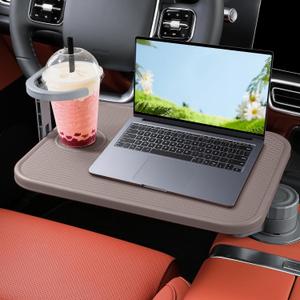 Car Tray & Car Desk for Laptop, 360 Rotating Wood Cup Holder Table,Aluminum Cantilever Laptop Mount for Vehicle,Steering Wheel Tray,Fits for Tesla Model Y/3/S,Camry Forester F150 Tundra&Most Vehicles (Truffle Brown)