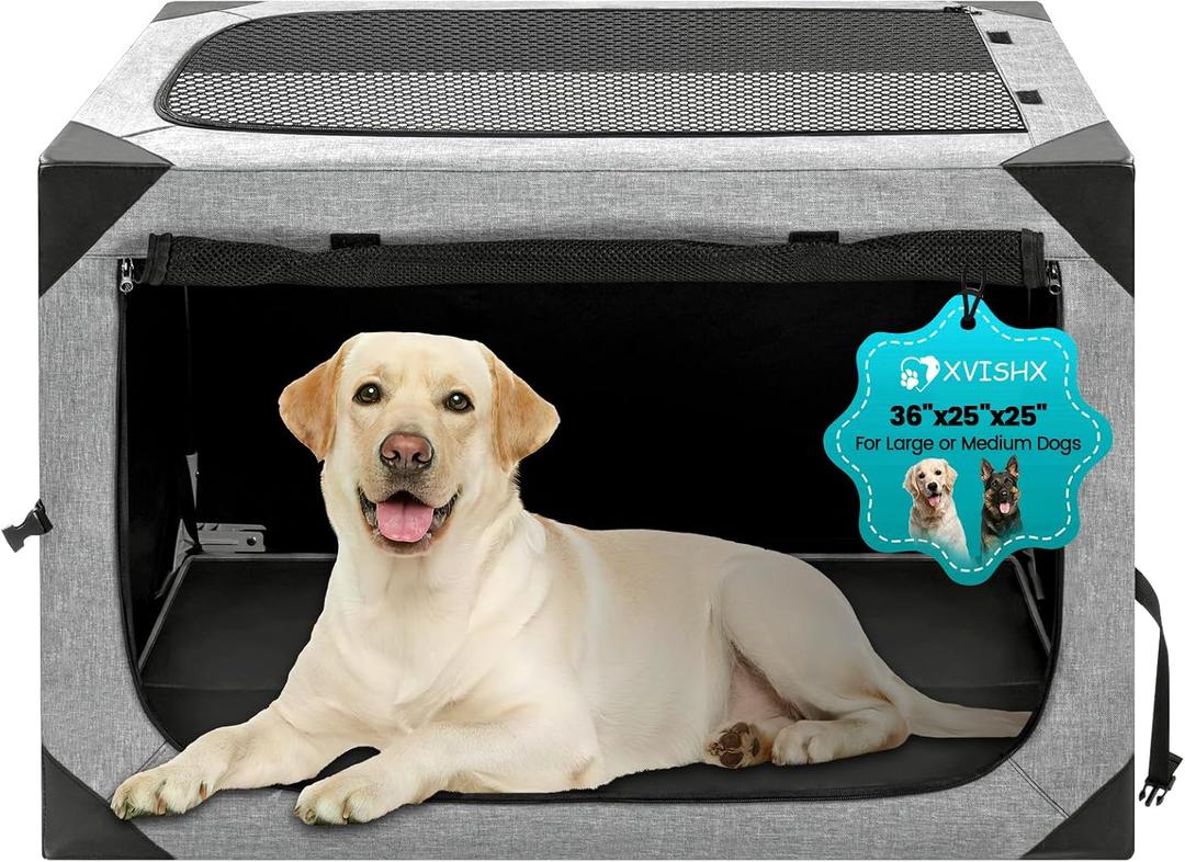 Dog Crate,36x25x25 Inch Large Dog Crate for Large or Medium Dogs, Portable and Foldable Design of Dog Cage, Perfect for Travel or Home Use, Dog Kennel with 3-Door and Durable Mesh Windows, Light Grey