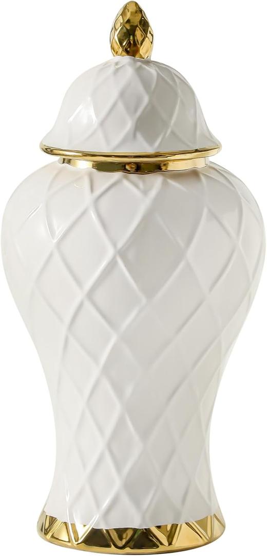 Ginger Jars for Home Decor, White and Gold Vase, Decorative Ceramic Ginger jar with lid, Porcelain Flower Vase for Centerpieces Jarrones, Storage jar, Table Center Vase, Temple Jar(12in)