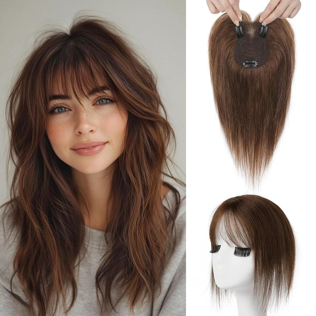 SEIKEA Hair Toppers for Women Real Human Hair, 10" Fluffy Natural Realistic 7x11CM Base Clip in Bangs with Wispy Bangs Hand-Tied Invisible Hairpieces for Thinning Hair Medium Brown