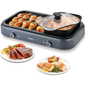Pukomc Electric Hot Pot with Grill2 in 1 Korean BBQ Grill Shabu Shabu Hot Po 1500W / Temperature Control, Quick Heating Detachable Hot Pot and Baking Traygray