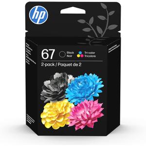 HP 67 Black/Tri-Color Ink Cartridges (2-Pack) | Works with DeskJet 1255, 2700, 4100, Envy 6000, 6400 | Instant Ink Eligible | 3YP29AN