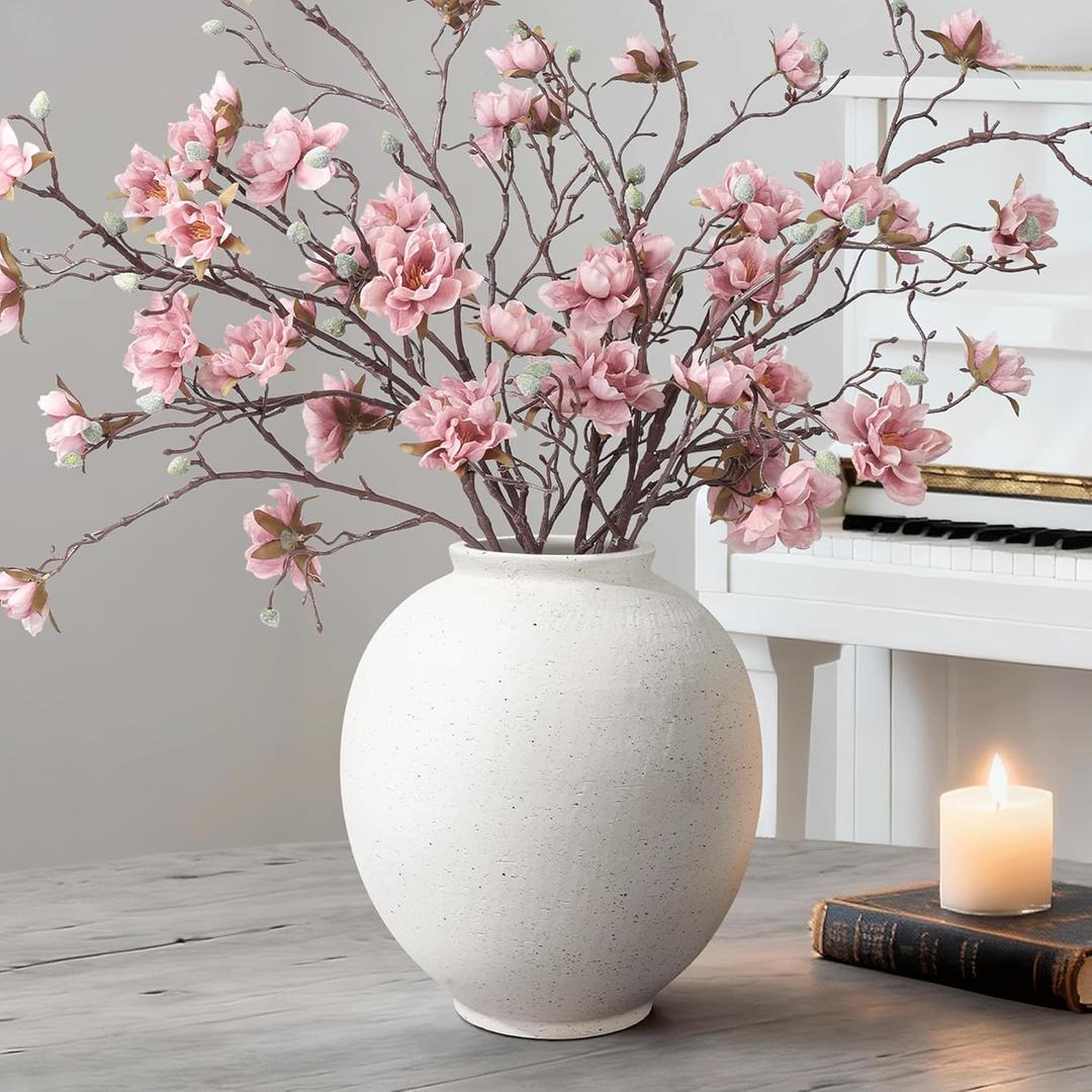 Starttag Large White Ceramic Vase, 9.8 inch Rustic Farmhouse Flowers Vase for Home Decor, Sandstone Texture Round Pottery Tall Vase Indoor for Table Living Room Decor