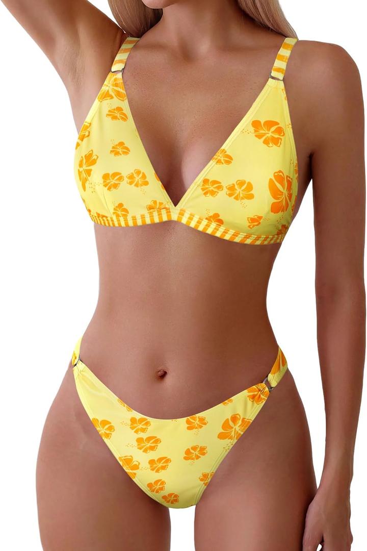 ZAFUL Women's 2 Piece Floral Print Swimsuit Triangle String High Cut Bikini Sets Bathing Suit (Medium, 1-lemon Yellow)