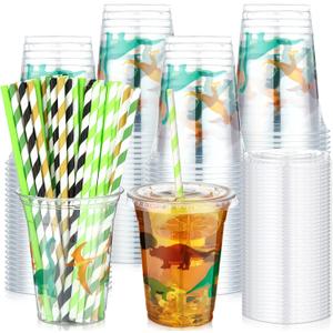 Norme 50 Pcs Dino Disposable Cups with Lids and Straws Set for Party, 12 oz Plastic Dinosaur Cups for Kids Drinking Coffee Milkshake Beverage Birthday Party Summer Activities Supplies(Green)