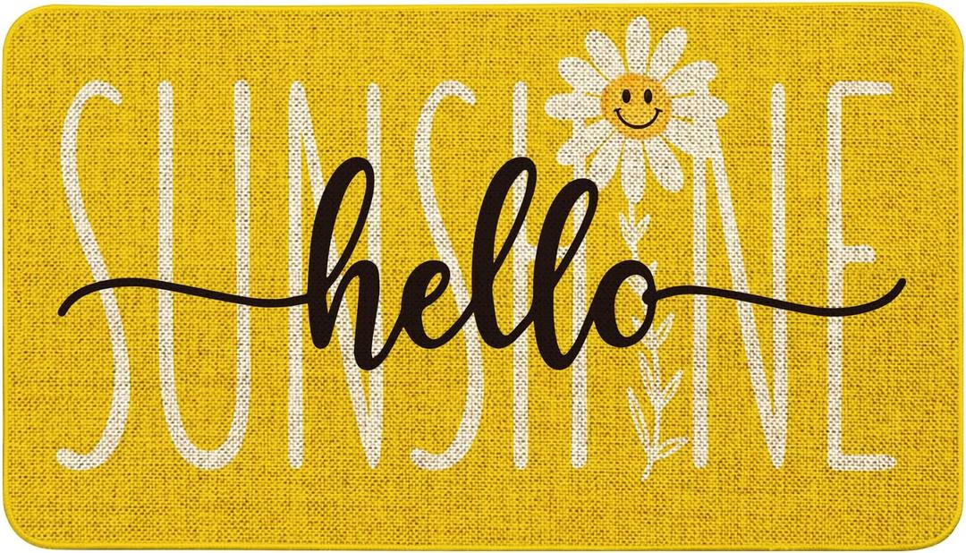 Spring Summer Front Door Mat Outdoor Non-Slip Yellow Hello Sunshine Doormat Outdoor Rug Summer Door Mats for Porch Outside Entrance Decor 17"x30"
