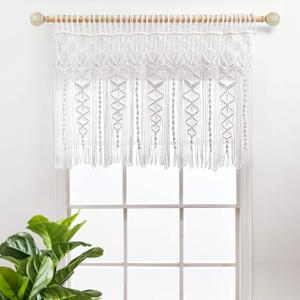 Lush Decor Boho Macrame Textured Cotton Valance, 40" W x 30" L, White - Boho Kitchen Curtains & Wall Decor - Macrame Valance - Bathroom Window Curtains