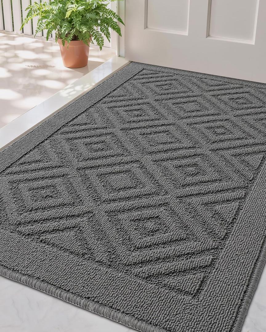 LUMI Washable Indoor Entrance Doormat 24"x36", Absorbent Quick-Dry Door Mat, Dirt Trapper Non-Slip Low Profile Entryway Mats for High Traffic, Grey