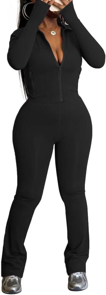 HBQ Women's 2 Piece Tracksuit Sets Long Sleeve Zip Up Crop Tops and Flare Pants Casual Workout Oufit Jogger Loungewear Set (X-Large, Black)
