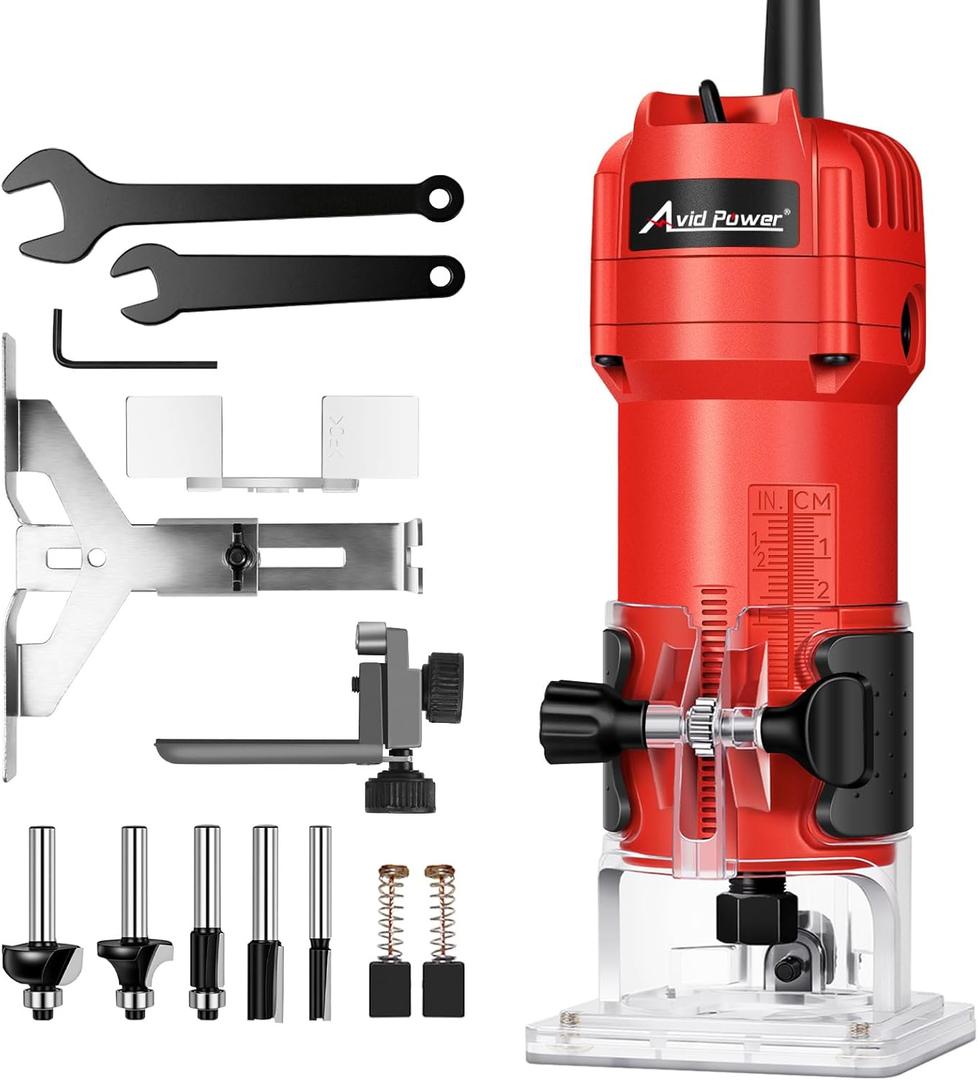 AVID POWER 630W 5.3 Amp Wood Router Tool with Fixed Base Compact Router for Woodworking, 35,000 RPM, 1/4 collet & 5 Trim Bits, Straight & Roller Guide, 2 Wrenches and Carbon Brushes
