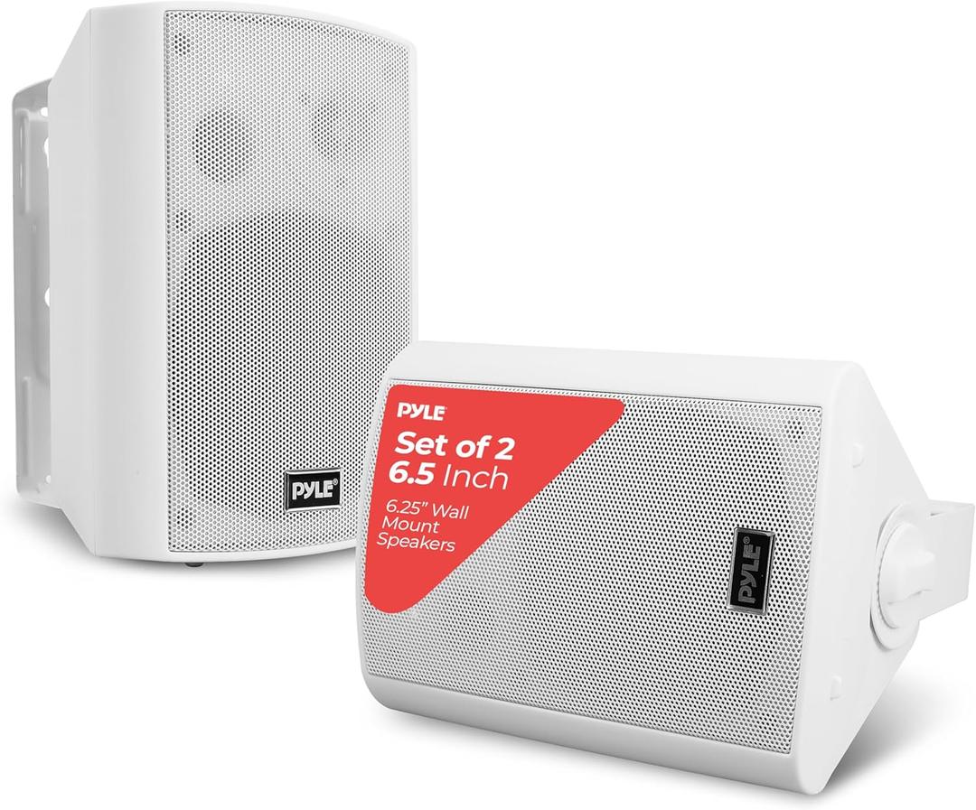 Pyle 6.5'' Marine Grade Waterproof Bluetooth Speakers with Built-in Amplifier, Indoor/Outdoor Use, Full Range Stereo, Aux Input, Rustproof Grills, Ideal for Patio, Pool, Home Audio, White