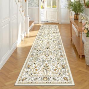 LOKHOM Washable Runner Rug, 2x8 Non-Slip Vintage Hallway Runner Rug with Rubber Backing, Boho Floral Soft Faux Wool Kitchen Rug Carpet Runner for Laundry Entryway Bedroom (Rice Orange)