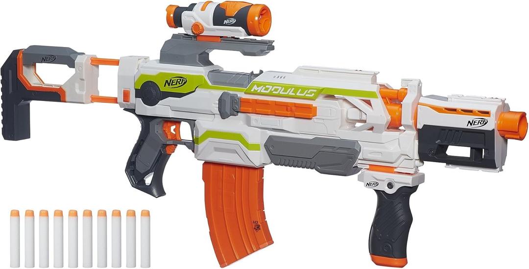 NERF Modulus ECS Motorized Blaster, Removable Scope, Drop Grip, Barrel, Stock, 10-Dart Clip 