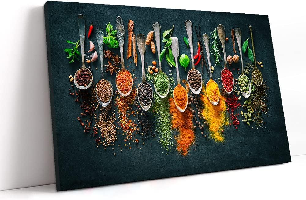 GUBIYU Kitchen Wall Art, Dining Room Wall Decor, Indian Decor, Kitchen Decorations Wall, Colorful Spice in Spoon Vintage Canvas Wall Art Food Photos Painting Framed for Home Decoration Gift 12x16Inches (Multi Color002)