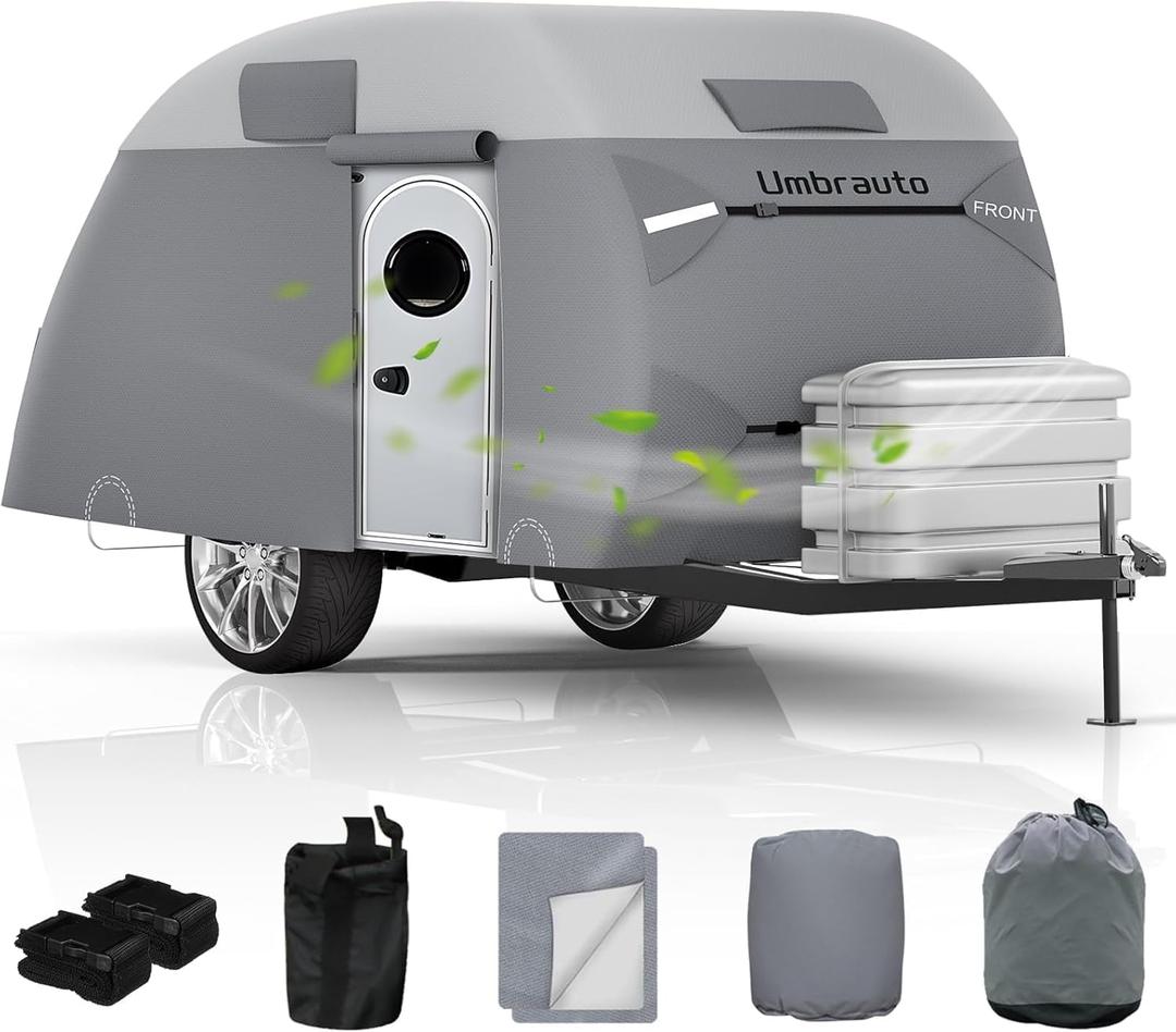 Umbrauto Teardrop Travel Trailer Cover Fits 5'-8' Trailers, 7 Layers Top Heavy Duty Waterproof Camper Cover with Windproof Strap for R-Pod Trailers, Clamshell Trailers