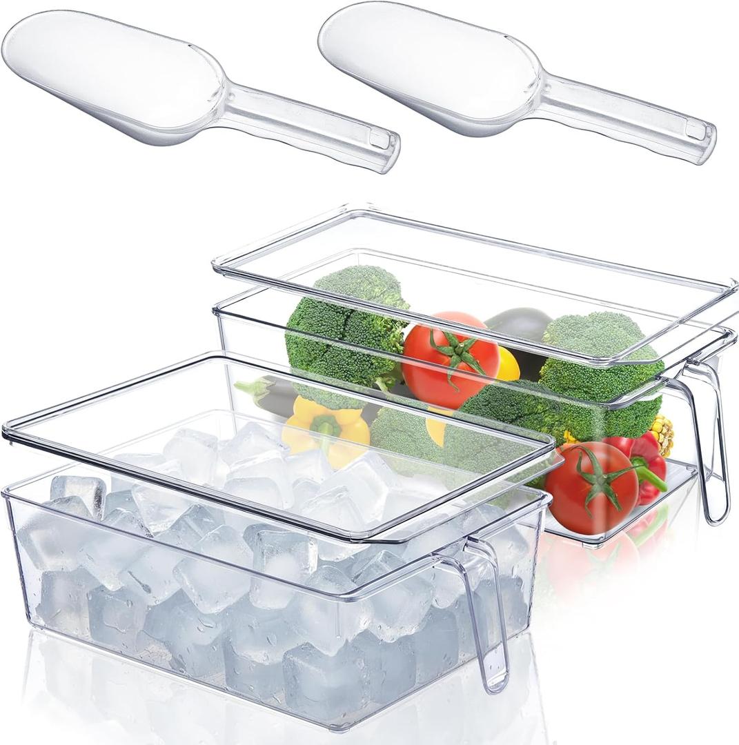 Havawish 4 Pcs Ice Storage Bin for Freezer with Lid and Flexible Scoop Set Plastic Ice Container with Lid Handle for Home Office Fridge Storage (12.4 x 8.07,12.4 x 5.91 Inches,Clear) (EXP 07/22/26)