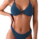 ZAFUL Women's Sexy Triangle Bikini Set O Ring Linked Two Piece Swimsuits Textured Ruched Cheeky Bathing Suit (Blue, M)