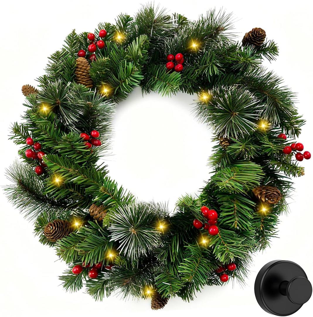24 Inch Artificial Pre-Lit Christmas Wreath with Suction Cup Hook, Mixed Pine Decorated Frosted Berries, Pinecones, 50 LED Lights, Battery Operated, Holiday Decoration for Front Door, Outdoor