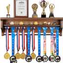 IHEIPYE Solid Wood Medal Hanger Display Shelf Medal Holder, Wall Mount Medal Rack Display Holder for Runners, Marathon, Race Winner,Soccer, Football, Gymnastics & All Sports-Walnut