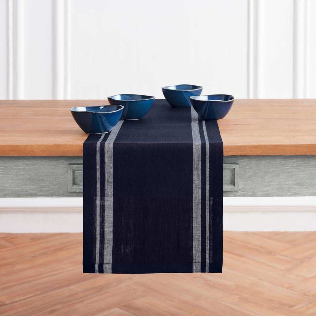 Solino Home Table Runner 60 Inches - 100% Pure Linen White and Navy French Stripe Table Runner 14 x 60 Inch Ideal for Dresser and Coffee Tables - Spring, 4th of July, Memorial Day, Fathers Day, Summer