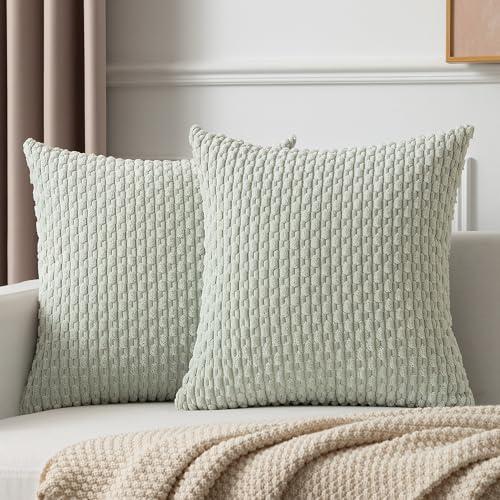 Kevin Textile 2 Packs Light Green Decorative Throw Pillow Covers 18x18 Inch for Living Room Couch Bed Spring Sofa Soft Striped Corduroy Square Cushion Case 45x45 cm Rustic Farmhouse Boho Home Decor