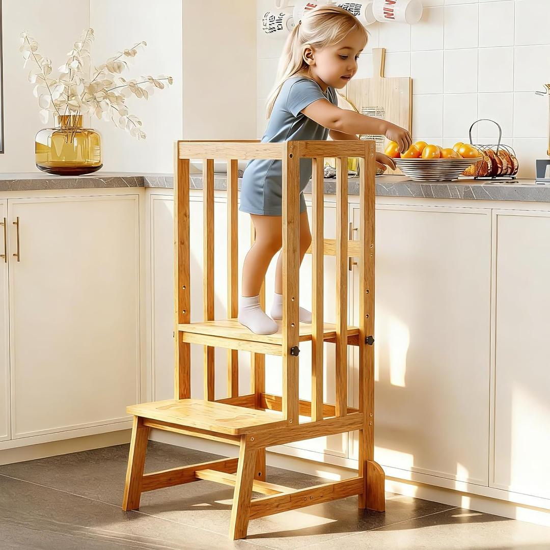 BAMBOOHOMIE Kids Kitchen Step Stool, Toddler Standing Tower Adjustable Height with Anti-Slip Feet, Toddlers Learning Step Stool Helper for Kitchen Counter or Bathroom Sink, Natural Bamboo