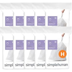 simplehuman Code H 200 Count, Dispenser Pack Custom Fit Liners, Drawstring Trash Bags, 30-35 Liter / 8-9 Gallon, White