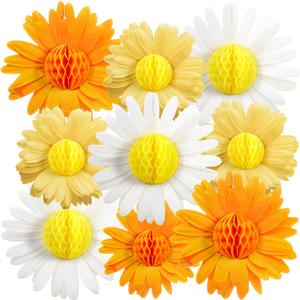 SUNBEAUTY 9PCS Paper Flower Party Decorations Yellow Orange Giant Paper Flowers 3D Daisy Honeycomb Hanging Decorations for Girls Birthday Boho Sun Party Spring Garden Wedding Classroom Baby Shower