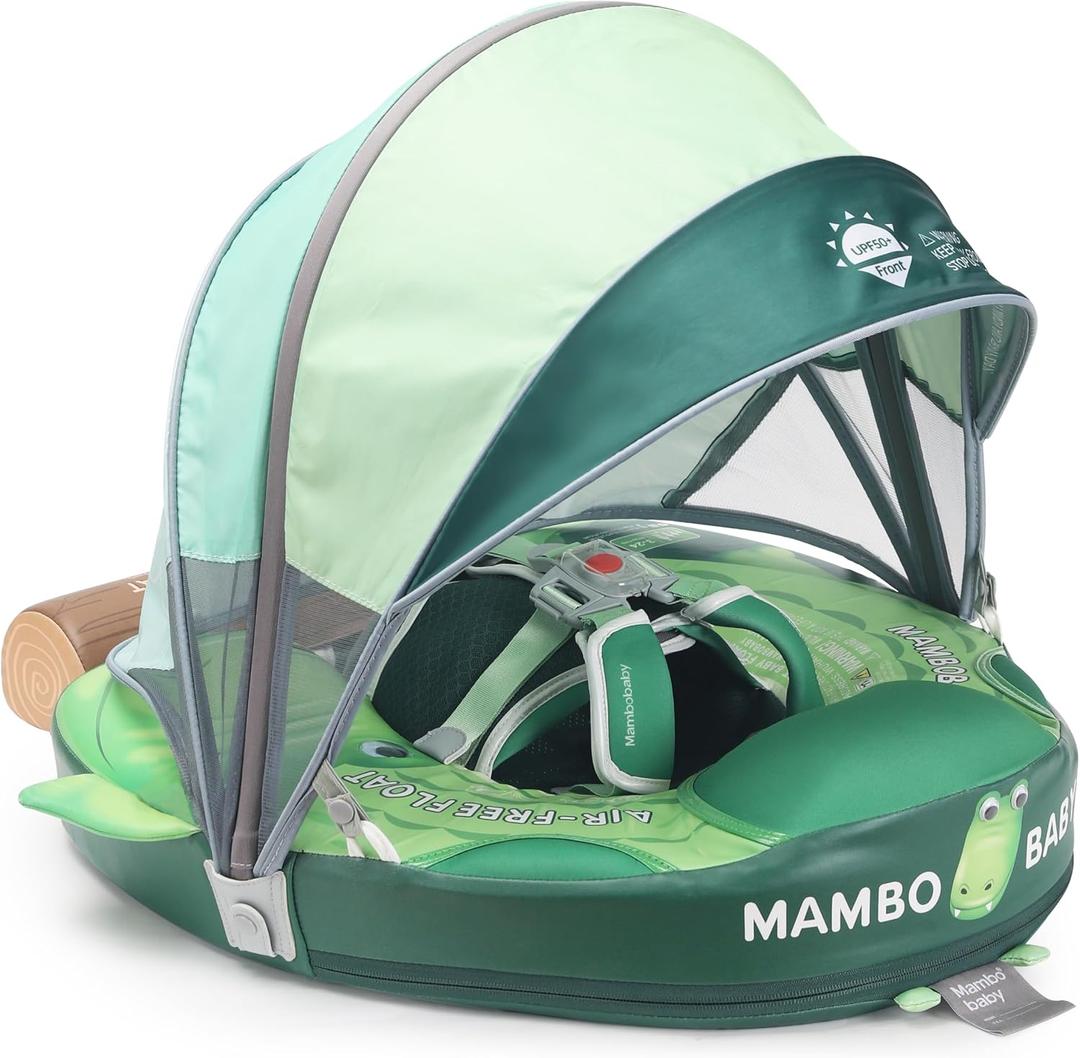 Mambobaby Float Non Inflatable Baby Float with Canopy Upgarded Add Tail Baby Swim Float with UPF 50+ Sun Canopy, Safety Swim Tranier Solid Toddler Pool Float for Age 3-24 Months, Crocodile Green