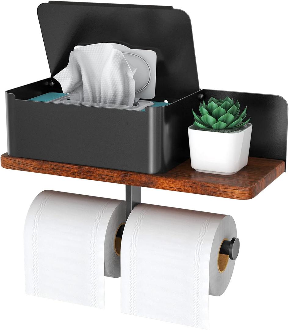 Toilet Paper Holder with Shelf Double Roll Toilet Tissue Holder with Wipes Dispenser for Bathroom, Metal and Solid Wood Tissue Paper Roll Wall Mount Storage Aromatherapy, Phone Shelf, Black