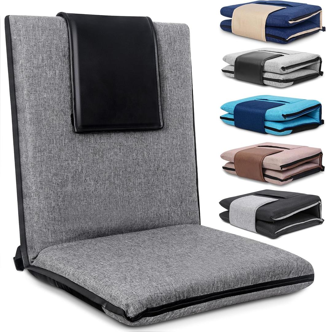 Floor Chair with Back Support 14-Position Adjustable Floor Chair Portable Ground Seating for Adults & Kids Foldable Meditation Seat with Japanese KOYO Bearings & Washable Linen Cover (Grey)